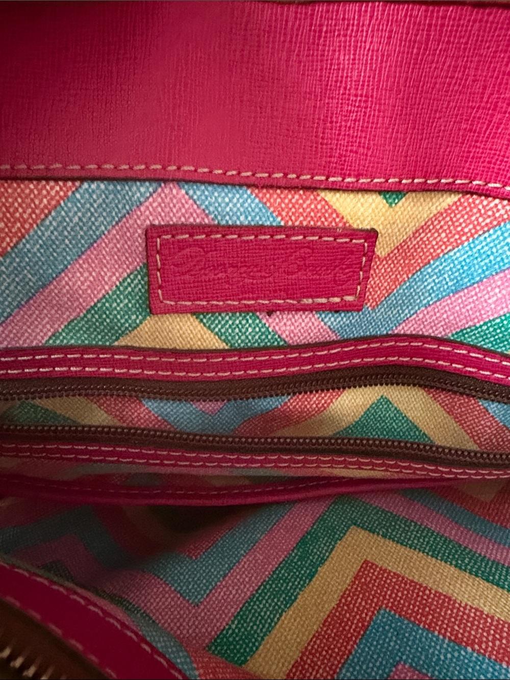 Vintage Dooney & Bourke Navy Tote with Tan Trim and Pink Interior - Picture 6 of 10